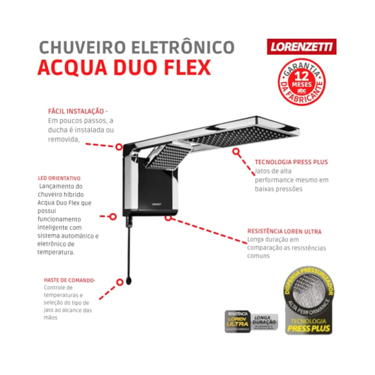 Chuveiro Eletrônico Flex Hibrido Acqua Duo Ultra 220v 6800w Preto e Cromo Lorenzetti - Imagem principal - b93449f4-ab26-4fd7-bb5a-e578622ac1b0