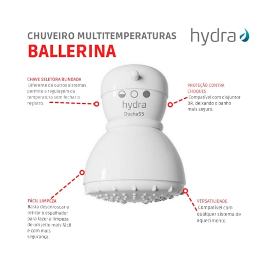 Chuveiro Multitemperaturas Ballerina 3t 220v 4400w Branco Hydra - Imagem principal - fd56cc05-3cf0-4a64-a977-c6225b2574e2