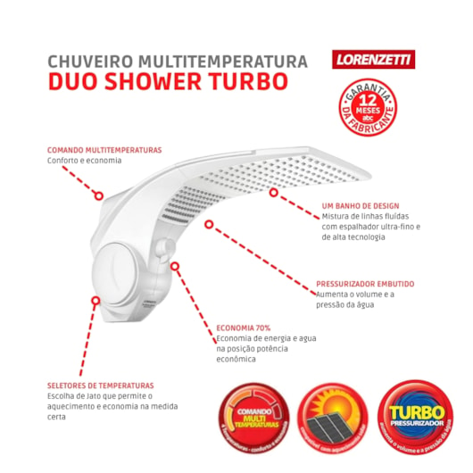 Chuveiro Multitemperaturas Duo Shower Quadra Turbo 220v 7500w Branco Lorenzetti - Imagem principal - 6c6431d7-d7d4-4841-a9a6-be3ecb690ae4