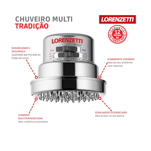 Chuveiro Multitemperaturas Tradição 220v 5700w Cromado Lorenzetti - Imagem principal - 6ecfbad6-a534-4f9b-9389-1a588526cbe6