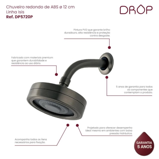 Chuveiro Redondo ABS Grafite Escovado Drop 12 cm - Imagem principal - 57f55dce-8c01-4eaa-aa10-76aebec61b3f