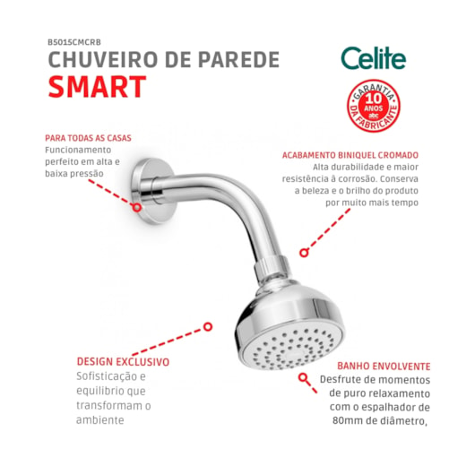 Chuveiro Redondo De Parede Com Braço Smart Cromado Celite 80mm - Imagem principal - 5a517b6e-4e00-4a1c-8782-8d3c4c9ee1f1