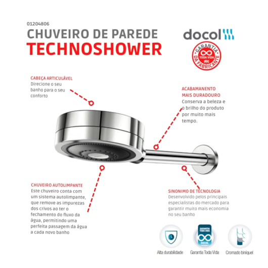 Chuveiro Redondo De Parede Novo Technoshower Cromado Docol - Imagem principal - 8761c18a-752c-4461-8081-d50532df540b