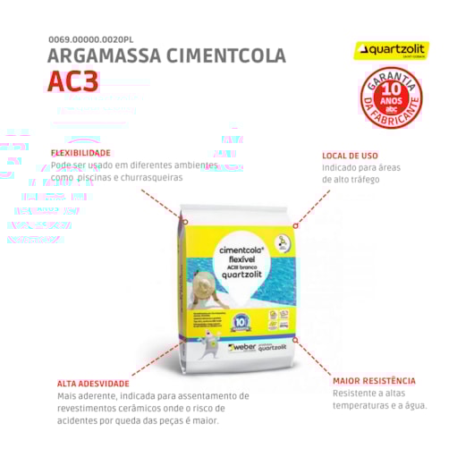 Cimenticola Flexível AC3 SC PL 20Kg Branco Quartzolit - Imagem principal - 625d34d1-5bad-42a9-9142-05f93261ece5