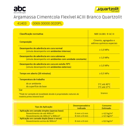 Cimenticola Flexível AC3 SC PL 20Kg Branco Quartzolit - Imagem principal - 3952276c-099d-40dd-a5a6-59b0814921e4