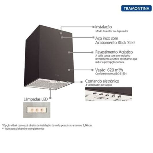 Coifa de Ilha Square Isla 40 Silent em Aço Inox Black Steel e Tratamento Anti Digitais 40cm 220V Tramontina - Imagem principal - 31a1766c-14bd-46bc-94d0-f77ff72e64f1