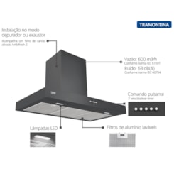 Coifa de Parede Dritta Black 90 em Aço Inox Tramontina 220V 90cm