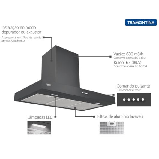 Coifa de Parede Dritta Black 90 em Aço Inox Tramontina 220V 90cm - Imagem principal - 01f26101-3442-4e48-9db0-73f0472e2a53