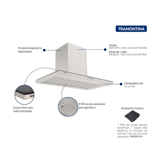 Coifa de Parede Slim Wall 90 em Aço Inox com Acabamento Scotch Brite 90 cm 220V Tramontina - Imagem principal - db798e0e-abd8-40d5-898b-03d005138147