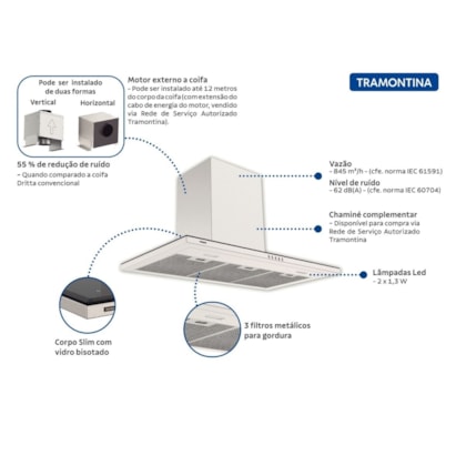 Coifa de Parede Slim Wall 90 Split em Aço Inox com Acabamento Scotch Brite 220V Tramontina