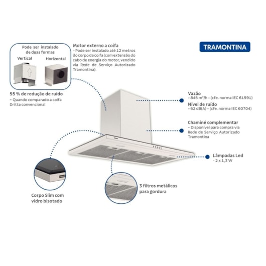 Coifa de Parede Slim Wall 90 Split em Aço Inox com Acabamento Scotch Brite 220V Tramontina - Imagem principal - c2119668-37e7-40a2-ad48-18f383d62946