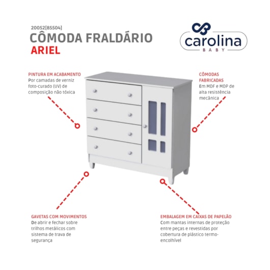 Cômoda Fraldário Ariel Branco Brilho Carolina Baby - Imagem principal - 1498aad8-6a98-41a4-88b9-4000fcb2e6a6