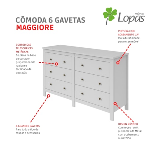 Cômoda Maggiore 6 Gavetas Branco Lopas - Imagem principal - 44dfe0c9-ee63-4ac5-a3e7-8cf7fbf16855