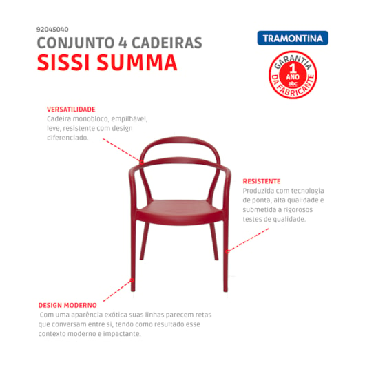 Conjunto 4 Cadeiras Sissi Summa Vermelho Tramontina - Imagem principal - b12e7707-8f66-414c-af28-e4b15761c354