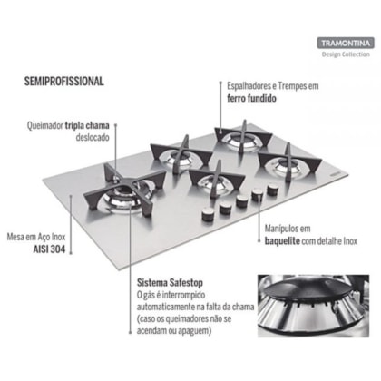 Cooktop a Gás Design Collection Penta Inox Flat 5 GX 90 em Aço Inox e Trempes em Ferro Fundido com Acendimento Automático e 5 Bocas Tramontina