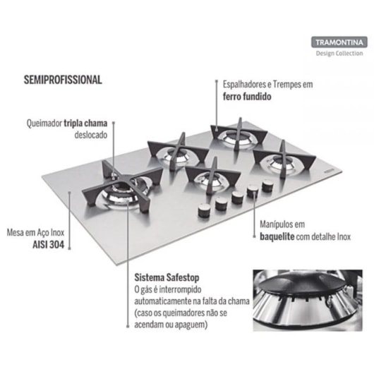 Cooktop a Gás Design Collection Penta Inox Flat 5 GX 90 em Aço Inox e Trempes em Ferro Fundido com Acendimento Automático e 5 Bocas Tramontina - Imagem principal - 268b712a-2704-4249-a767-49fbe213e681