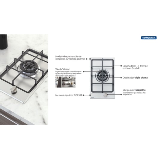 Cooktop a Gás Dominó em Aço Inox e Trempes em Ferro Fundido com Acendimento Superautomático 1 Queimador Tramontina - Imagem principal - 77c5822c-41c9-411f-bbd3-0d0c51bc3c80