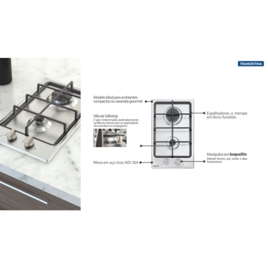 Cooktop a Gás Dominó em Aço Inox e Trempes em Ferro Fundido com Acendimento Superautomático 2 Queimadores Tramontina - Imagem principal - 13e2c53a-4f74-49b9-b21c-749121f33673