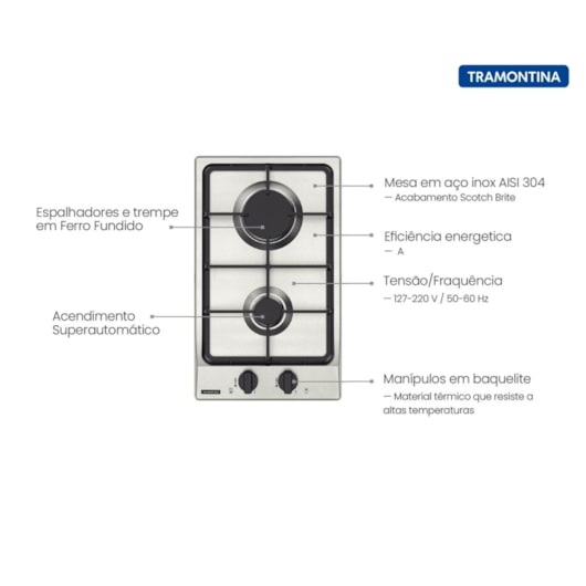 Cooktop a Gás Dominó FF 2GX 30 em Aço Inox com Trempes em Ferro Fundido e Acendimento superautomático 2 Queimadores Tramontina - Imagem principal - 953e4fc2-0469-4124-be6d-5f29c7d5876e