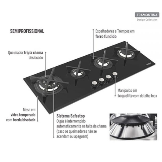 Cooktop A Gás Em Aço Inox Slim Glass Flat 4 Bocas Com Acendimento Automático Preto Tramontina - Imagem principal - a1d96bef-798b-4dbb-a9f7-6e3c604b1735