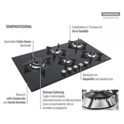 Cooktop a Gás Penta Glass Flat em Vidro Temperado e Trempes em Ferro Fundido com Acendimento Automático 5 Queimadores Tramontina Design Collection