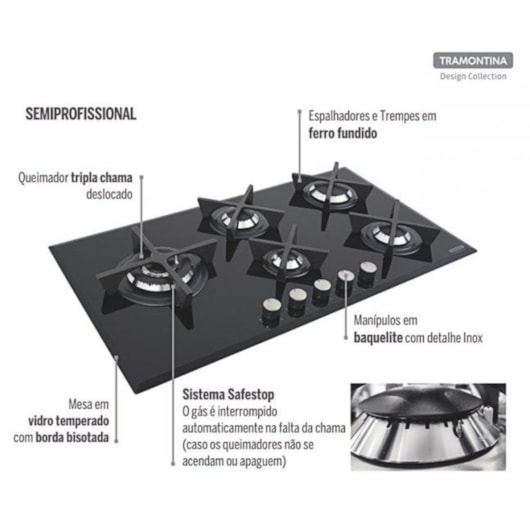 Cooktop a Gás Penta Glass Flat em Vidro Temperado e Trempes em Ferro Fundido com Acendimento Automático 5 Queimadores Tramontina Design Collection - Imagem principal - 936c3b87-081e-4ae9-a646-90d369069f9a