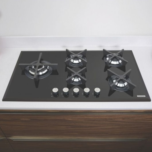 Cooktop a Gás Penta Glass Flat em Vidro Temperado e Trempes em Ferro Fundido com Acendimento Automático 5 Queimadores Tramontina Design Collection - Imagem principal - 240074d8-3fdb-42a4-895f-58668095677c