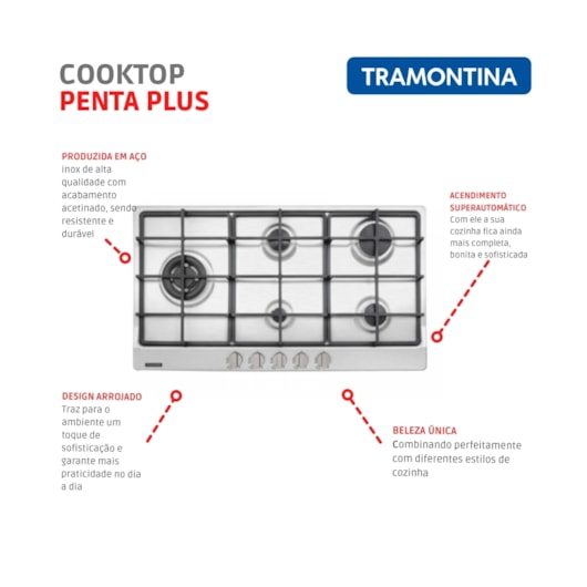 Cooktop A Gás Penta Plus 5 Bocas Inox e Ferro Fundido Tramontina - Imagem principal - ac85a1f7-f48f-427b-8ed4-9ec9dd8318ed