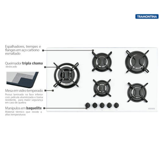 Cooktop a Gás Penta Side Plus em Vidro Temperado Branco com Trempes em Aço Carbono e Acendimento superautomático e 5 Bocas Tramontina - Imagem principal - 0d88e947-11c2-4a44-902a-011e91e3010b