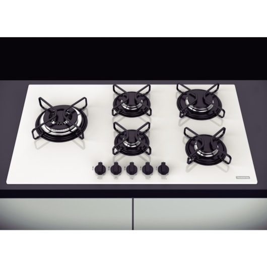 Cooktop a Gás Penta Side Plus em Vidro Temperado Branco com Trempes em Aço Carbono e Acendimento superautomático e 5 Bocas Tramontina - Imagem principal - e809e75d-af1b-489a-b82f-4ca70b5afa54