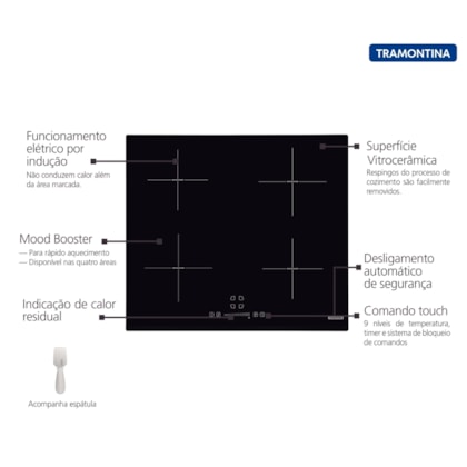 Cooktop por Indução Square Slider B 4EI 60 Vitrocerâmico com 4 Áreas de Aquecimento e Comando Touch Tramontina