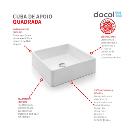 Cuba De Apoio Quadrada 39x39cm Branco Docol - Imagem principal - 0305d71c-8f28-4ffa-b9bd-02ddc188f7ac