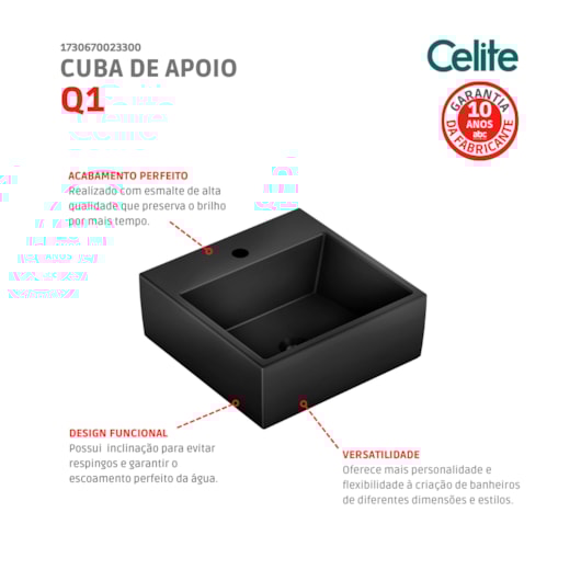 Cuba De Apoio Quadrada Q1 41x41cm Preta Celite - Imagem principal - 5418cf92-8f2e-4e29-8a52-2658cbe5f91d