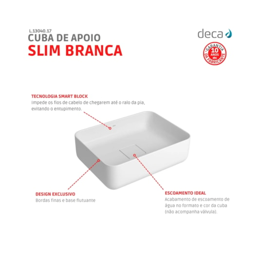 Cuba De Apoio Retangular Slim Branco Deca 40cm - Imagem principal - 113cb120-b990-45d4-ada2-e832a4a47f02