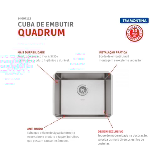 Cuba De Embutir Collection Quadrum Undermount Em Aço Inox Tramontina 50X40cm - Imagem principal - 90edb1ed-a91b-478f-8b54-4fc333baad42