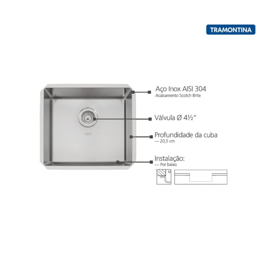 Cuba de embutir Design Collection Quadrum Undermount em Aço Inox com Acabamento Scotch Brite 45 U 45x40cm 94006/112 Tramontina - Imagem principal - 9a2199f9-25f1-4bed-9efb-75b515039b06