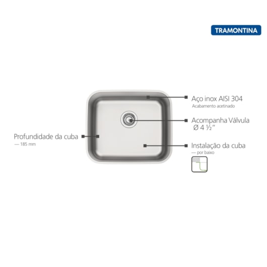 Cuba De Embutir Dora 40 Bl R6 Em Aço Inox Acetinado Com Válvula 4 1/2'' Tramontina 40X34 Cm - Imagem principal - 7d5bea02-3c59-420a-9b69-8f491cbd51e8