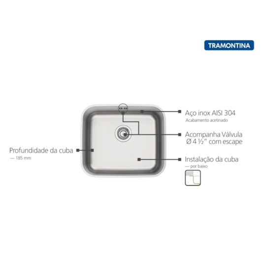 Cuba De Embutir Dora 40 Bl R6 Em Aço Inox Acetinado Com Válvula E Escape Tramontina 40X34 Cm - Imagem principal - f6187936-00ed-4528-8229-87db6cd92a07