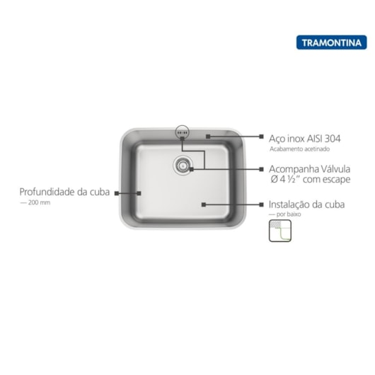 Cuba De Embutir Dora Aço Inox Escovado Com Válvula e Escape Tramontina 50x40cm - Imagem principal - 8c452b24-e605-4ec6-997a-28e85160026c