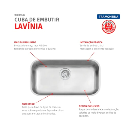 Cuba De Embutir Lavínia Com Válvula Em Aço Inox  Acetinado Tramontina 56x34cm - Imagem principal - 0e29e91e-6ac1-4c0c-82eb-3dbf4dd9bf44