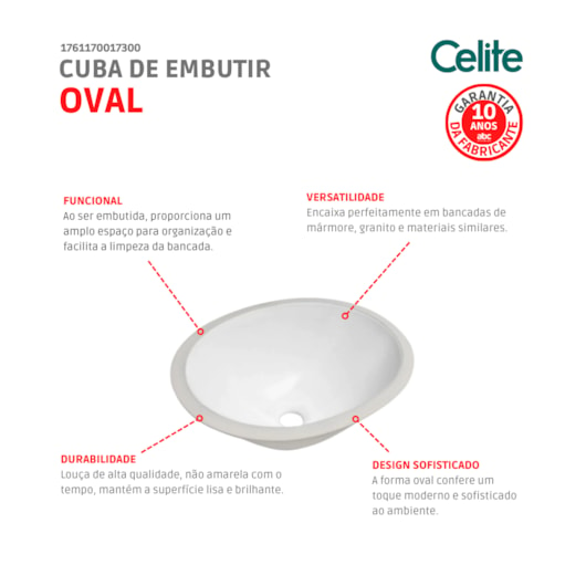 Cuba De Embutir Oval 49x32cm Branco Celite - Imagem principal - b73b89fb-b37e-4a66-b24f-f9399b24824c