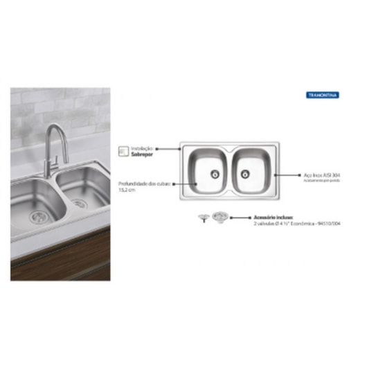 Cuba De Inox Dupla Sigma 93808/602 2c 86x50cm 4.1/2 Com Válvula Acetinada Tramontina - Imagem principal - 61fb1ea2-e9a6-43ee-aa7d-abcfd0f78fe1