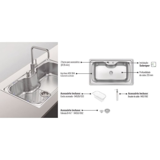 Cuba De Inox Morgana Max 4.1/2' Com Válvula E Acessórios Acetinada Tramontina 86x50cm - Imagem principal - d40fbc91-99cd-4dd9-aa2c-b96aaf9f9bc5