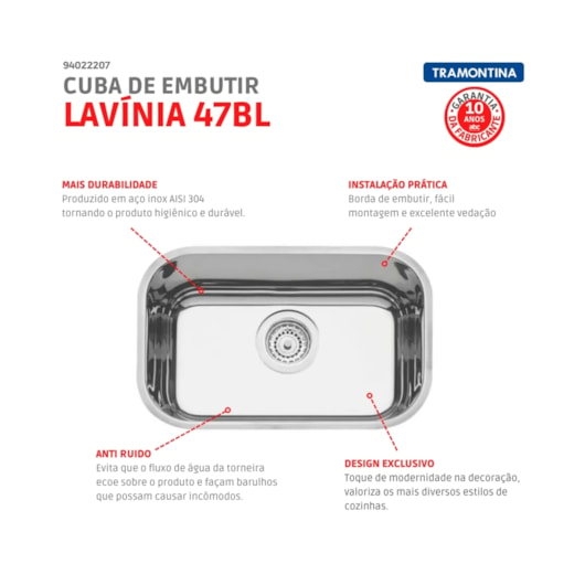 Cuba De Inox N1 Com Válvula Lavínia Alto Brilho Tramontina 47x30x17cm - Imagem principal - 458ff7ae-0faa-40f5-851d-b5aad98d14a7