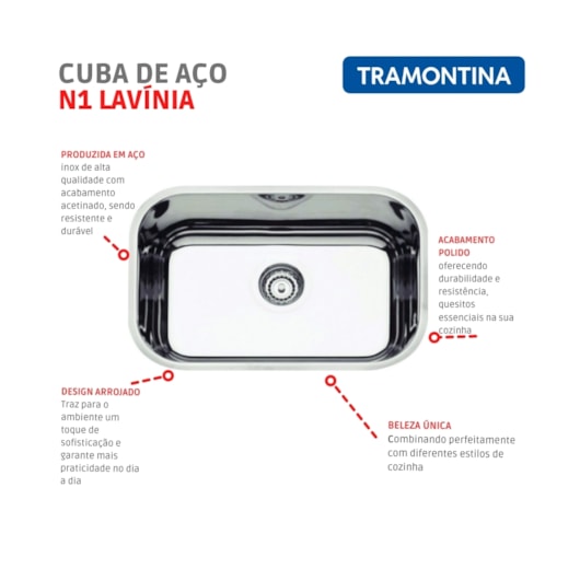 Cuba De Inox N1 Lavínia Com Válvula Polida Tramontina 47x30x14cm - Imagem principal - 74141972-c5be-4055-a7ad-f891193185ec