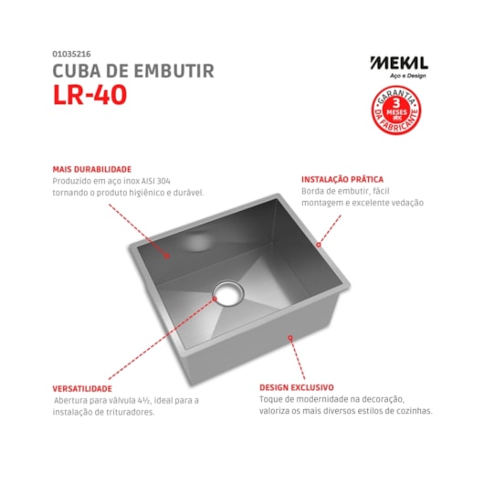 Cuba De Inox Reta 40x40cm Lr40 Aço Escovado Mekal - Imagem principal - 3a9bc3ac-9513-42db-b863-de12710bb11a