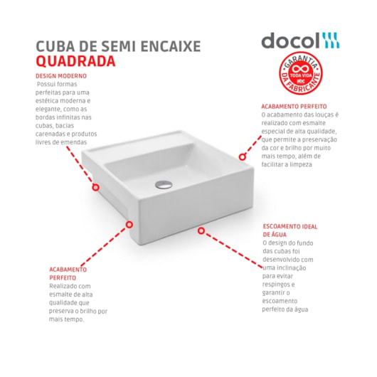 Cuba De Semi-encaixe Quadrada Com Mesa 41x41cm Branco Docol - Imagem principal - 8111b100-7166-4911-ada3-f9f90f4033d4