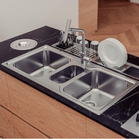 Cuba de Sobrepor 2 Cubas e Auxiliar em Aço Inox com Válvula Escovado Marea Deep Tramontina 100x50cm - Imagem principal - b9bedf2a-6fbf-4afc-b46e-733a7411f838