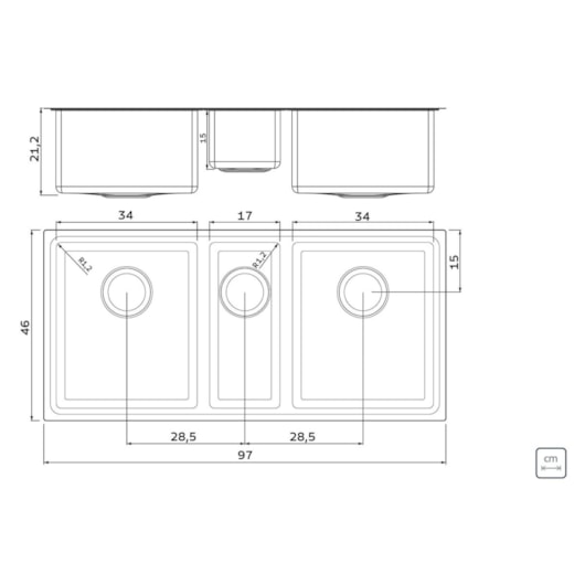 Cuba Design Collection Quadrum 2.5 C 34 em Aço Inox Com Acabamento Scotch Brite Tramontina 97x46x20,5cm - Imagem principal - 97ee6402-3f39-4084-95f5-6684bdbe8230