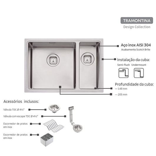 Cuba Design Collection Quadrum em Aço Inox com Acabamento Scotch Brite 66x46 com 2 Cubas e escorredor de pratos e escorredor de talheres - Imagem principal - aa26daee-4098-4335-a409-681b218f6989